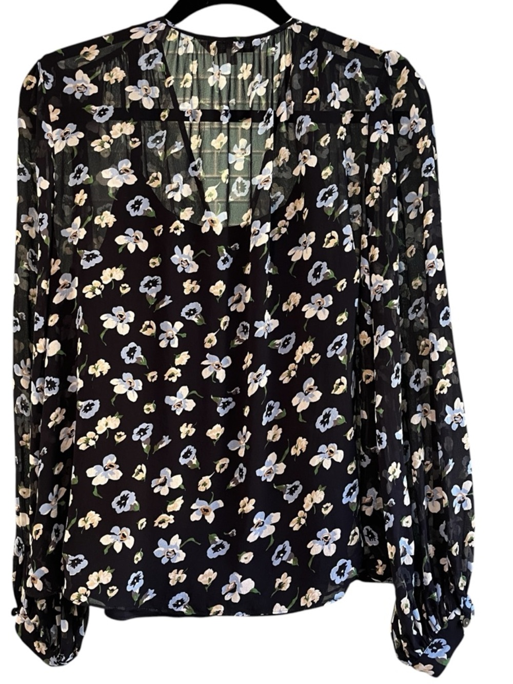 Veronica Beard Alec Silk Blouse 10 Black Floral Sheer V Neck Top - Picture 12 of 13